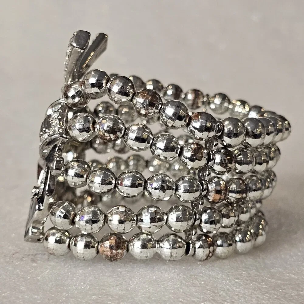 Cowgirl Stretch Bracelet Silver Tone‎ Beaded Rhinestones Star Chunky Western